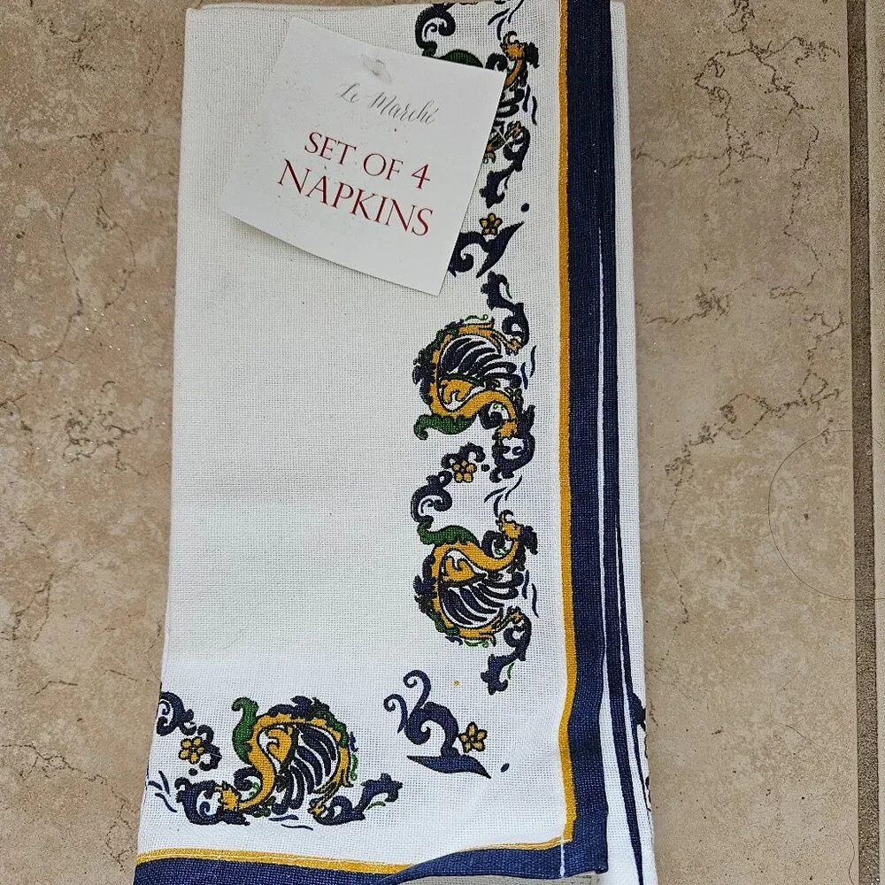 RARE SET 4 NEW LE MARCHI NEW YEAR CHINESE DRAGON BLUE COTTON DINNER NAPKINS